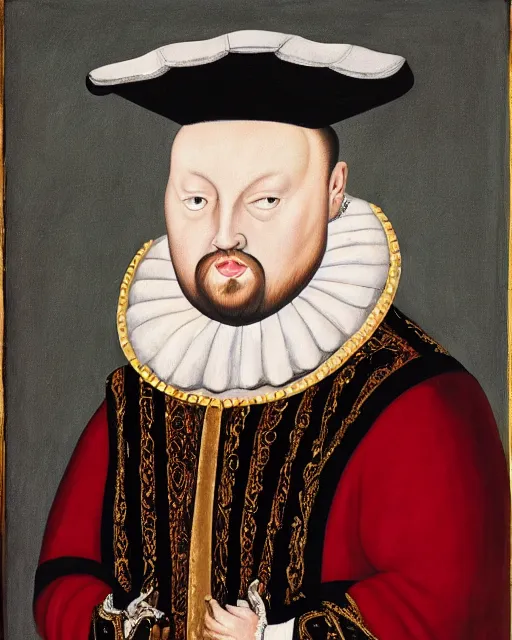 Image similar to fat gray cat with yellow eyes dressed like henry viii, tudor period clothing in scarlet gold and black, royal portrait, oil painting