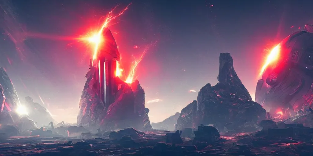 Image similar to a huge towering and broken stone tablet with red light + alien pattern + an abandoned spaceship, stands in the center of a prosperous city at the end of the world, and the power and energy is explode, secret, mysterious, doomsday, landscape, video game control, quantum break, arknights,
