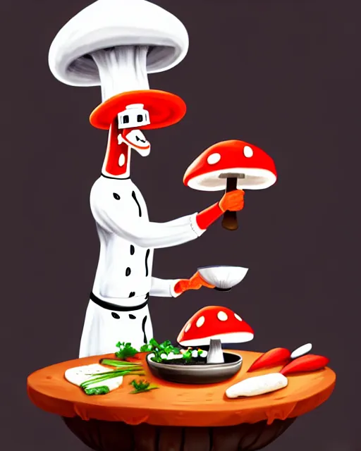 Image similar to an anthropomorphic mushroom chef cooking a meal, fantasy illustration, detailed digital painting, trending on artstation