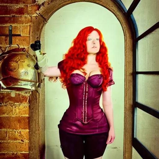 Prompt: redhead steampunk scientist's body is accidentally inflated by experiment gone wrong.