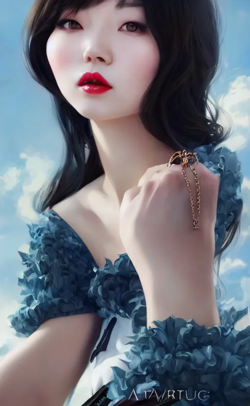 Image similar to a pin up and beautiful fashion charming dreamlke korea girl with lv jewelry, character art, art by artgerm lau and kyoung hwan kim and and ilya kuvshinov and john singer sargent, hyperdetailed, 8 k realistic, symmetrical, frostbite 3 engine, cryengine, dof, trending on artstation, digital art