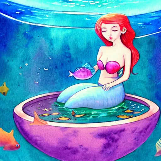 Image similar to watercolor marker drawing of a mermaid sitting in a fish bowl, a storybook illustration by cyril rolando, featured on pixiv, pop surrealism, fisheye lens, anime