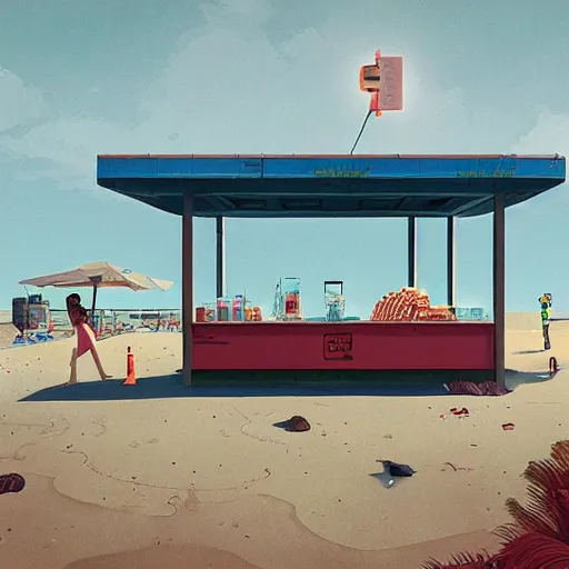 Image similar to fast food counter by the beach by simon stalenhag