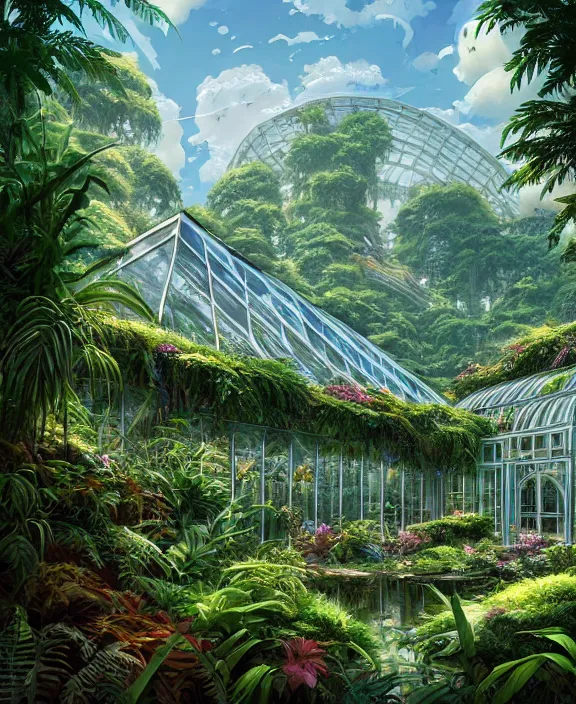 Image similar to an enormous conservatory greenhouse exterior, overgrown with exotic fungus, overgrown with huge ferns, cliff side, noon, sun drenched, partly cloudy, by dan mumford, yusuke murata, makoto shinkai, ross tran, cinematic, unreal engine, cel shaded, featured on artstation, pixiv