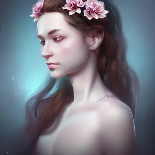 Prompt: character concept portrait of a beautiful woman with pale face, flowers in her hair, intricate, elegant, digital painting, concept art, realistic, smooth, focus, rim light