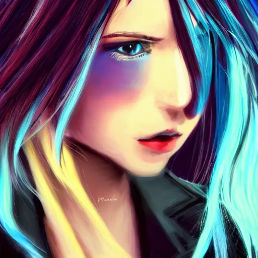 Image similar to full face shot of rimuru tempest, sky blue straight hair, long bangs, with amber eyes, wearing a fancy black jacket, high collar, ultra detailed, brush strokes, digital painting, cinematic, wlop artstation, closeup, pixiv, intense, intimidating glare, photorealistic, overpowering, andy warhol,