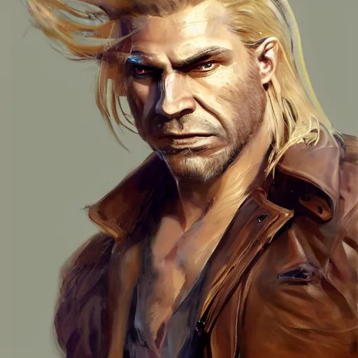 Image similar to portrait of a muscular, grim, ponytail haired blonde man in his late 30's, wearing a thick brown leather coat, looking to his side, half of the face scarred, hunter, DnD character, fantasy character, digital art by Ruan Jia, Krenz Cushart, Rossdraws and Boris Vallejo