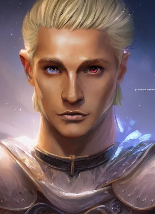 Image similar to male priest blonde parted hair healer, dndbeyond, bright, colourful, realistic, dnd character portrait, full body, pathfinder, pinterest, art by ralph horsley, dnd, rpg, lotr game design fanart by concept art, behance hd, artstation, deviantart, global illumination radiating a glowing aura global illumination ray tracing hdr render in unreal engine 5