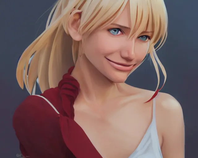Image similar to full body portrait character concept art, oil painting anime key visual of cameron diaz with scarlet hair, studio lighting delicate features finely detailed perfect face directed gaze, at an ancient city, gapmoe yandere grimdark, trending on pixiv fanbox, painted by greg rutkowski makoto shinkai takashi takeuchi studio ghibli