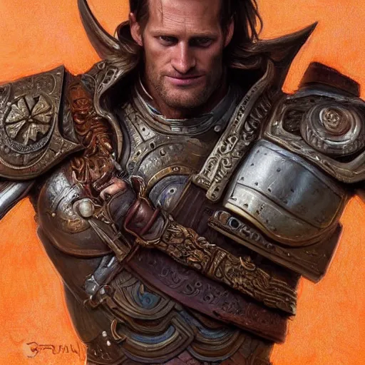 Image similar to ultra realistic illustration,, a hulking herculean alexander skarsgard with leather armour, from doom and warhammer, intricate, elegant, highly detailed, digital painting, artstation, concept art, smooth, sharp focus, illustration, art by artgerm and greg rutkowski and alphonse mucha