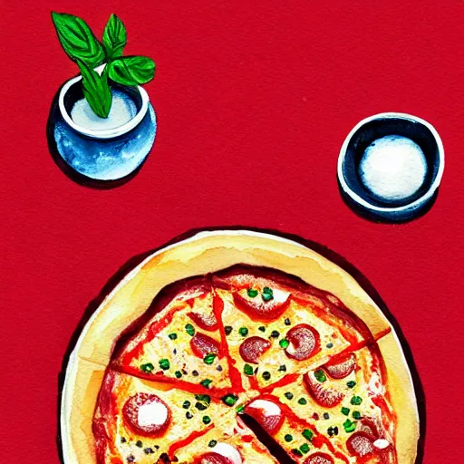 Prompt: maximalist delicious pizza, by kseniia yeromenko, watercolor, illustration, red background