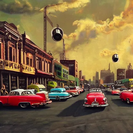 Image similar to 4K hyper realistic oil painting of 1950s city with old cars and a big speaker array in the sky booming techno music