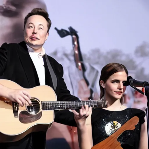 Image similar to elon musk & emma watson performing at woodstock