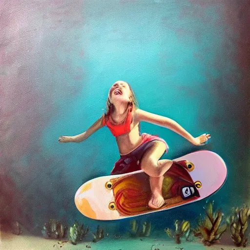 Prompt: a painting of a girl on a skateboard underwater