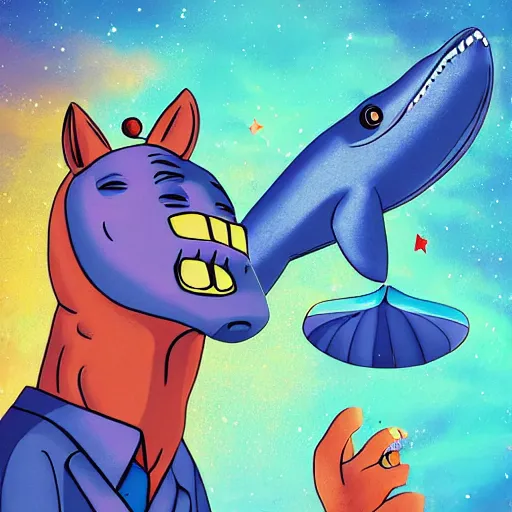 Image similar to Bojack Horseman riding a whale in space, digital art, Bojack Horseman