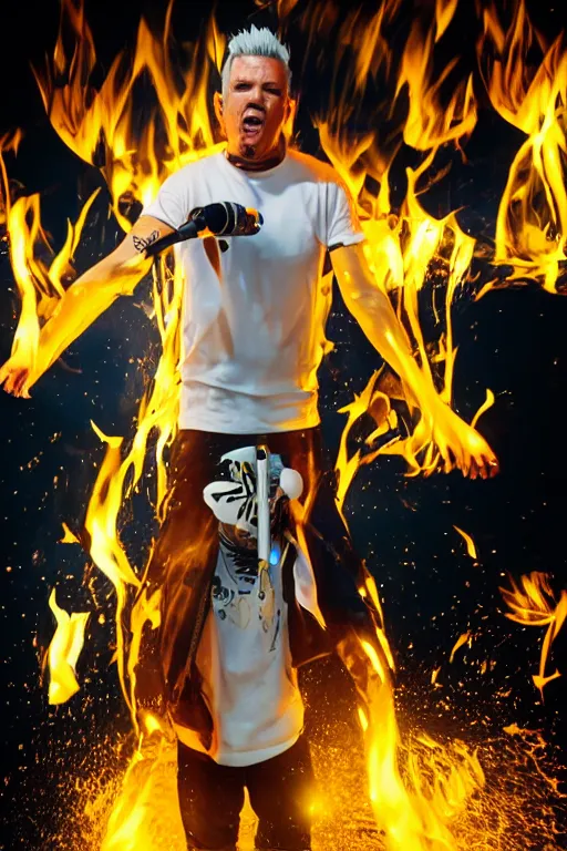 Image similar to scooter rapper baxxter with white hair standing in water shouting in the microphone with explosion and flames in background, full body, white shirt, black pants, reflection in water, volumetric lighting, detailed eyes, dynamic pose, golden ratio