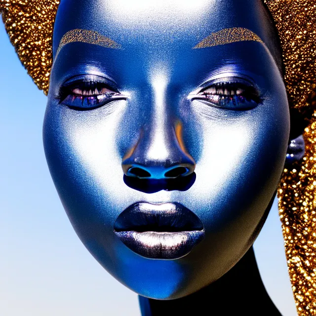 Prompt: portrait of metallic face, african woman, mercury, reflections, smooth liquid metal texture, proud looking, outdoor, nature, blue sky, 8 k, realistic, depth of field, highly detailed, art photography