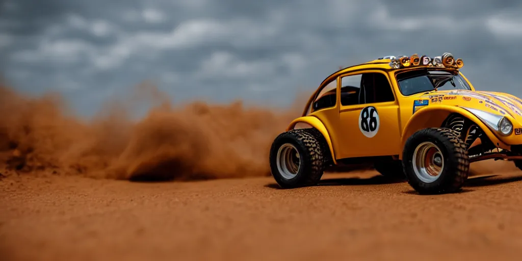 Prompt: Hot Wheels, VW BAJA BUG, trophy truck, cinematic, Maxxis, 8k, depth of field, mexican desert, bokeh, DAKAR.