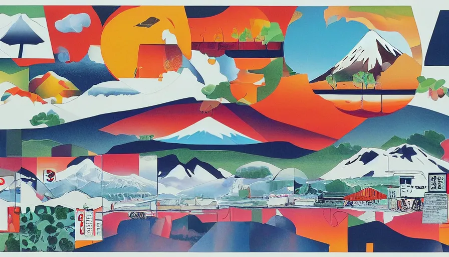 Image similar to award winning graphic design poster, cutouts constructing an contemporary art depicting a lone mount fuji and hills, rural splendor, and bullet train, isolated on white, and bountiful crafts, local foods, edgy and eccentric abstract cubist realism, composition confined and isolated on white, mixed media painting by Leslie David and Lisa Frank for juxtapose magazine