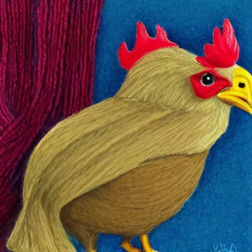 Image similar to A chicken knitting a scarf, color drawing