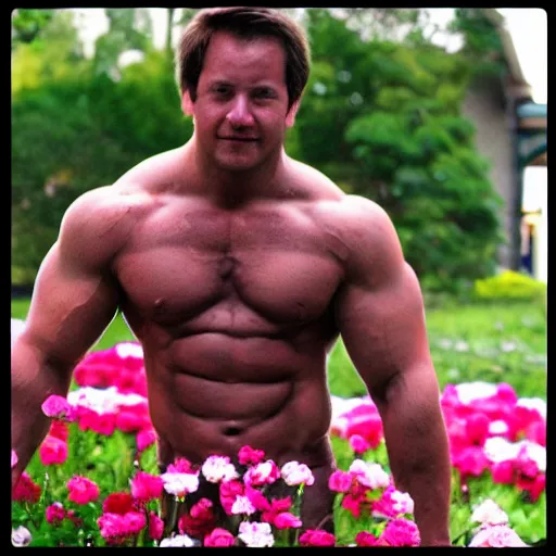 Image similar to “ buff guy by flowers ”