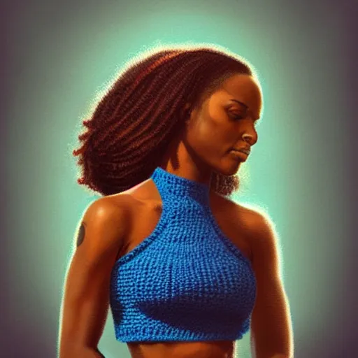 Image similar to A black woman with blue and brown ombre hair wearing a crocheted crop-top, illustrated by Greg Rutkowski, photorealistic portrait, trending on artstation, artstationHQ, artstationHD, dappled lighting,