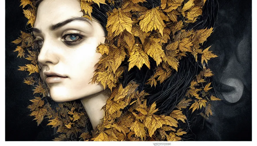 Image similar to dark colors, golden leaves at frame border, creative!!! composition for a book cover!!!, absurdly beautiful, ultrafine hyperrealistic detailed old!! witch face by wlop and artgerm and greg rutkowski, intricate linework, sharp focus, smooth, octopath traveler, final fantasy, unreal engine, dramatic lighting, ethereal, 8 k