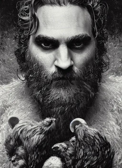 Prompt: a hyper detailed painting of joaquin phoenix surrounded by animals, cow horns, pig nose, sheep wool, chicken feather armor, horror, by anna podedworna, by miklos ligeti, by diego maricato, by taran fiddler, by antonino truisi, by chris reddie, by jinsung lim, trending on artstation