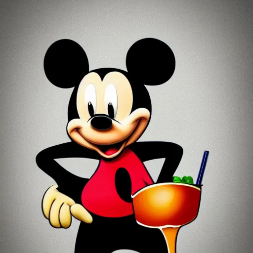 Prompt: black t-shirt armadillo mickey mouse with sunglasses drinking a cocktail, a design masterpiece highly detailed, superrealism 8k resolution