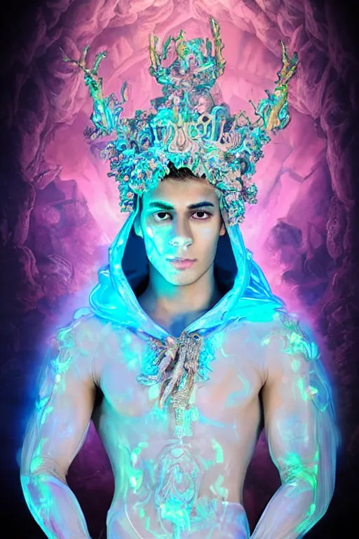 Image similar to full-body rococo and cyberpunk delicate neon crystalline sculpture of ((handsome muscular onyx albino prince Zayn Malik)) as an blue iridescent humanoid deity wearing ((peach plastic hooded cloak)) (holding an onyx skull) in a onyx castle dungeon, reclining, glowing pink face, crown of (pink lasers), large blue diamonds, swirling black silk fabric. futuristic elements. oozing glowing liquid, full-length view. space robots. intricate artwork by caravaggio. Trending on artstation, octane render, cinematic lighting from the right, hyper realism, octane render, 8k, depth of field, 3D