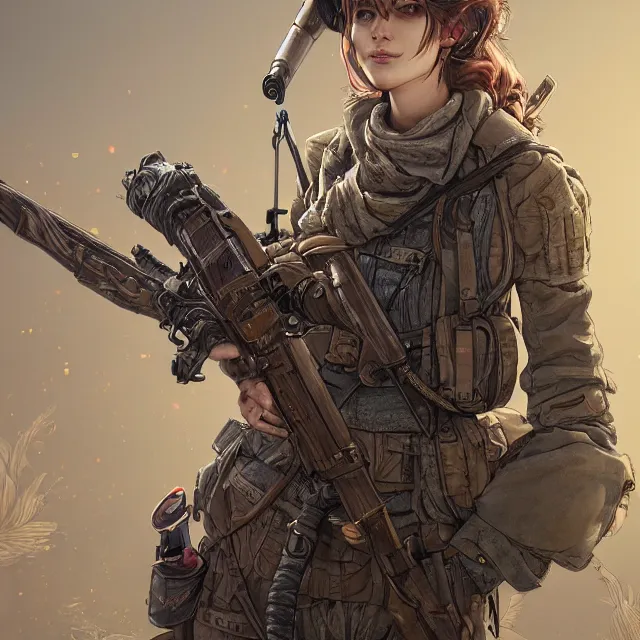 Image similar to the portrait of lawful neutral semi - colorful female infantry sniper as absurdly beautiful, gorgeous, elegant, young woman looking up, an ultrafine hyperdetailed illustration by kim jung gi, irakli nadar, intricate linework, bright colors, octopath traveler, final fantasy, unreal engine 5 highly rendered, global illumination, radiant light, detailed and intricate environment