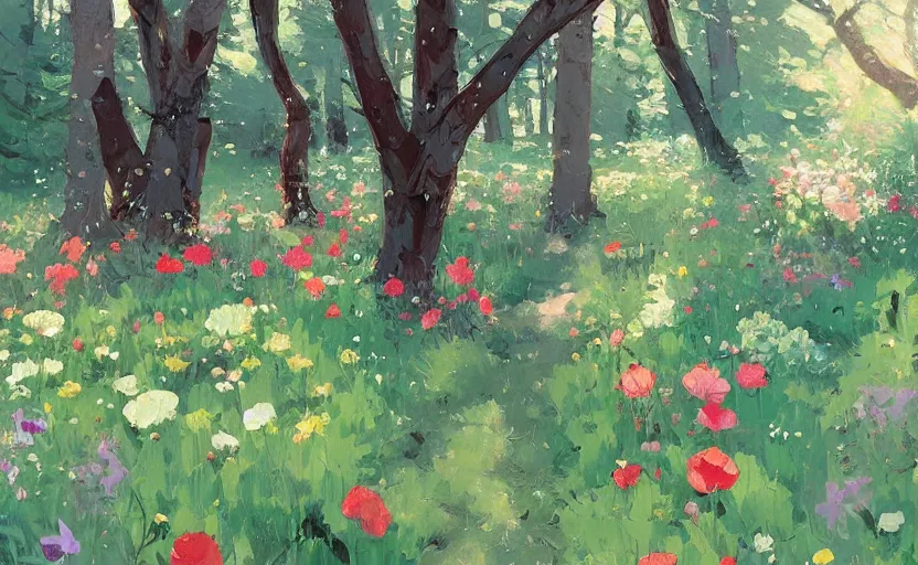 Image similar to cute cozy floral forest game by atey ghailan and michael garmash, plein air