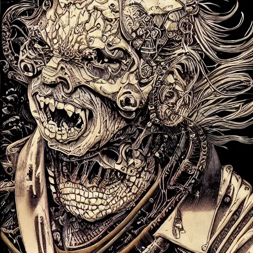 Image similar to portrait closeup of crazy hector barbossa, galleons, symmetrical, hyper detailed, by yoichi hatakenaka, masamune shirow, josan gonzales and dan mumford, ayami kojima, takato yamamoto, barclay shaw, karol bak, yukito kishiro