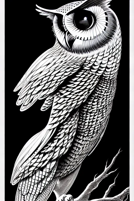 Image similar to side view of a majestic owl, high details, bold line art, by vincent di fate and joe fenton, inking, etching, screen print, masterpiece, trending on artstation, sharp, high contrast, hyper - detailed,, hd, 4 k, 8 k