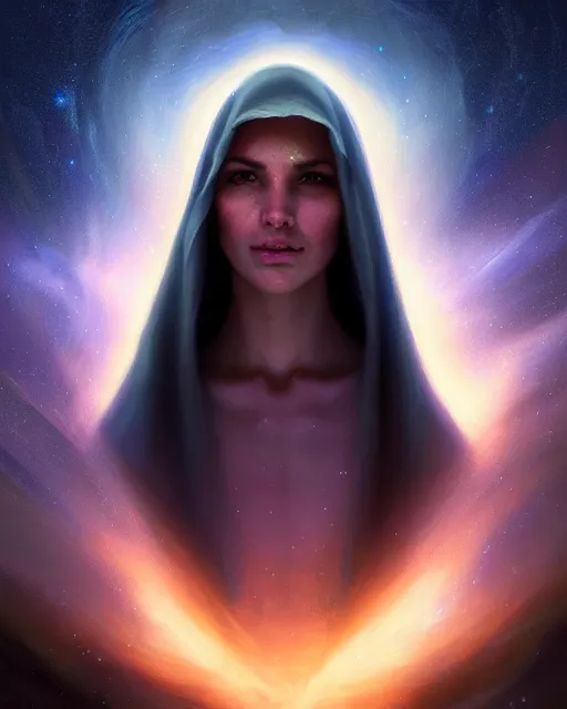 Image similar to epic portrait cinematic shot a giant virgin mary face in space, dark, stars, glowing, glowing eyes, fine details. night setting. realistic shaded lighting poster by craig mullism, artgerm, jeremy lipkin and michael garmash, unreal engine, radiant light, detailed and intricate environment, digital art, trending on art station,