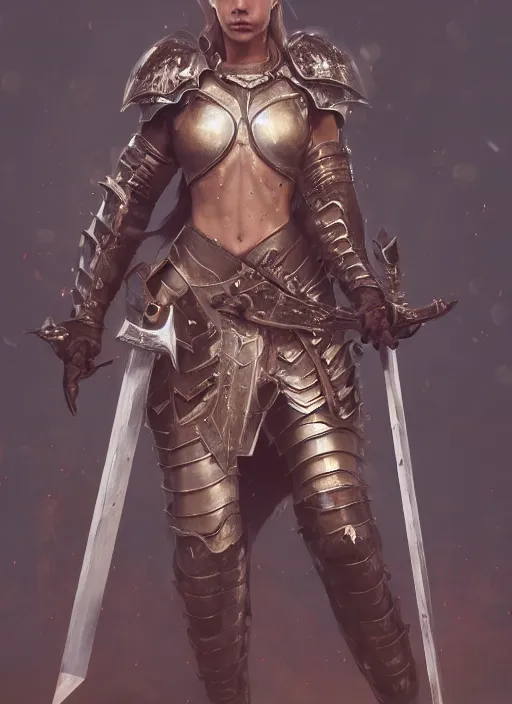 Image similar to portrait of model cara delevinge as a legendary knight warrior, au naturel, hyper detailed, digital art, trending in artstation, cinematic lighting, studio quality, smooth render, unreal engine 5 rendered, octane rendered, art style by klimt and nixeu and ian sprigger and wlop and krenz cushart.