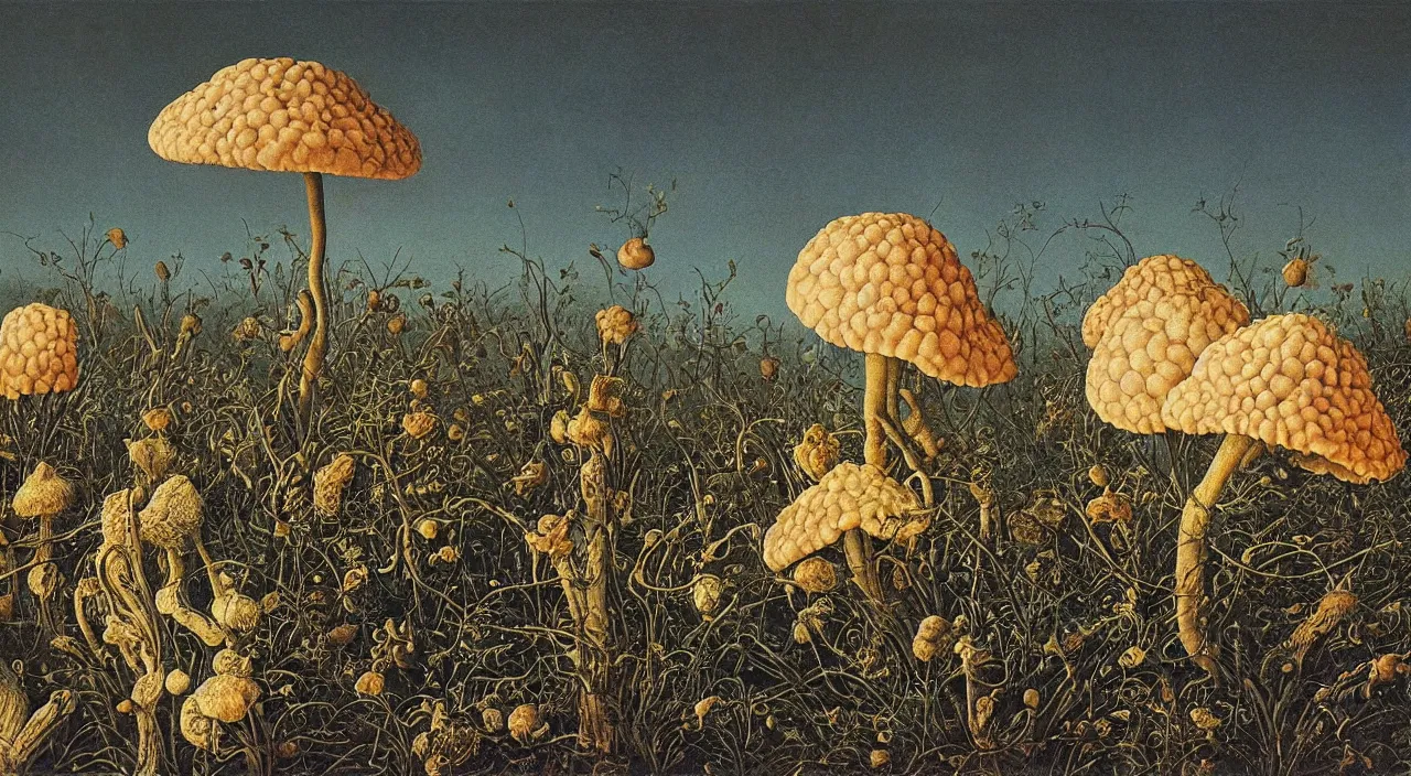 Image similar to a single fungus white! clear empty sky, a high contrast!! ultradetailed photorealistic painting by jan van eyck, audubon, rene magritte, agnes pelton, max ernst, walton ford, andreas achenbach, ernst haeckel, hard lighting, masterpiece