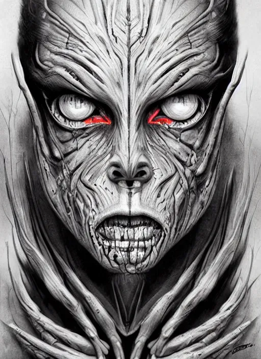 Prompt: a dream portrait of a anthropomorphic beast with three eyes, black & white, melting, webbing, 8 k, by tristan eaton, stanley artgerm, tom bagshaw, greg rutkowski, carne griffiths, ayami kojima, beksinski, giger, trending on deviantart, face enhance, hyper detailed, minimalist, horror, alien