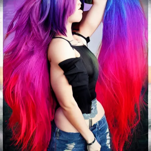 Image similar to full body photograph of tifa lockhart with rainbow hair