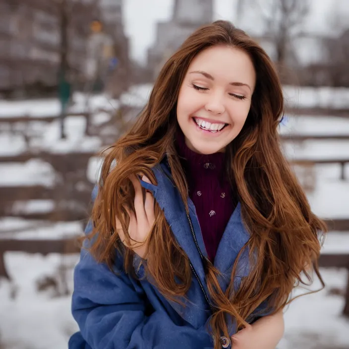 Prompt: a beautiful girl from minnesota, brunette, joyfully smiling at the camera with her eyes closed. thinner face. irish genes. wearing university of minneapolis coat. perfect nose, morning hour, plane light, portrait, minneapolis as background.