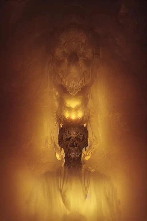Prompt: Portrait of a Surreal Shinigami god in the darkest environment, ominous lighting, golden ratio, photo realistic, highly detailed, mist, trending on artstation, ultra realistic, octane render byJames Jean