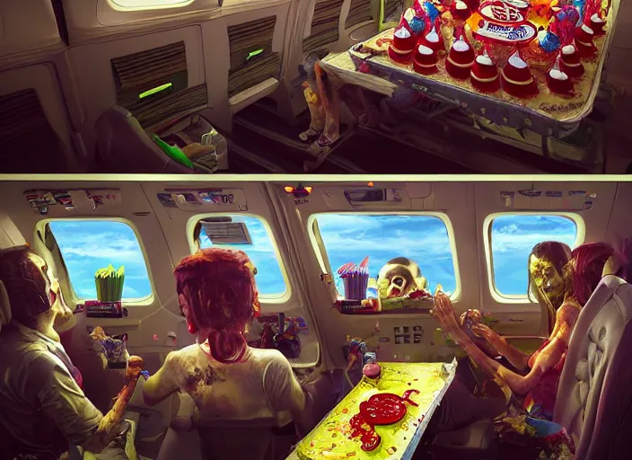 Prompt: boeing 737 cabin, a lot of zombies, birthday party, party hats, balloons, birthday cake, candles, realistic, insanely detailed, wide angle, Unreal 5 engine, trending on artstation, by Huang Guangjian and Gil Elvgren and Sachin Teng