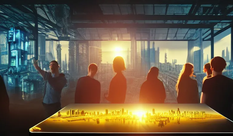 Image similar to group of people in simple warehouse, looking at hologram of futuristic city on a table, cinematic concept art, godrays, golden hour, natural sunlight, 4 k, clear details, tabletop model buildings, center model buildings, hologram center, crane shot, crane shot, crane shot