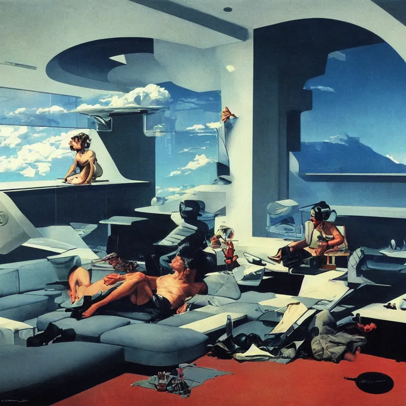 Prompt: a futuristic minimalist lounge room with a big window, wide open meadow. billowing clouds in the sky. highly detailed science fiction painting by norman rockwell, frank frazetta, and syd mead. rich colors, high contrast, gloomy atmosphere. trending on artstation.