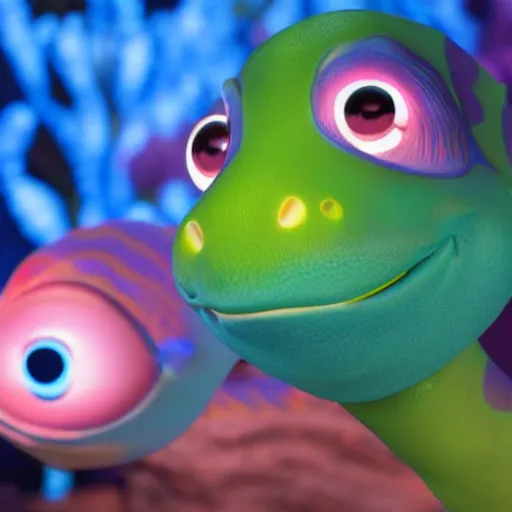 Image similar to smiling baby fish aquatic dinosaurs with glowing blue bio - phosphorescent lines throughout skin texture. rendered by pixar