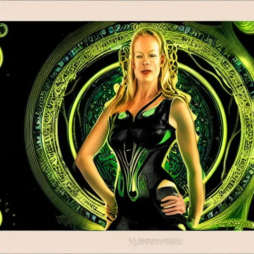 Image similar to Jeri Ryan in the role of Seven of Nine the Borg from star trek, art nouveau, amazing details, intricate details, beautiful ,insane details , tarot card, black paper, neon green, fractal system circuit , in the style of Alphonse Mucha,