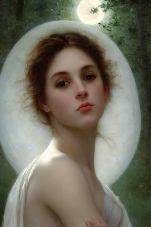 Image similar to portrait of a giant beautiful athletic pale girl, white dress, moonlight, hd, realistic, bouguereau