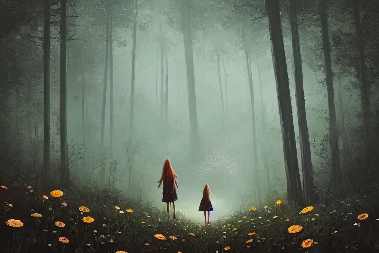 Image similar to giant daisy flowers head, girl walking in dark forest, surreal photography, dark night, stars, moon light, impressionist painting, clouds, digital painting, artstation, simon stalenhag