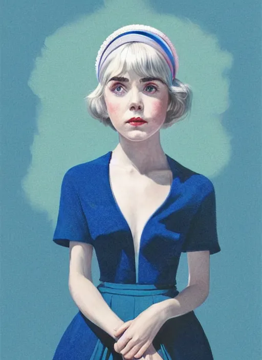 Image similar to portrait of kiernan shipka with freckles, white hair, big 1 9 6 0 s bob hairstyle with bangs and hairband, blue 1 9 6 0 s dress, intricate, elegant, glowing lights, highly detailed, digital painting, artstation, concept art, smooth, sharp focus, illustration, art by wlop, mars ravelo and greg rutkowski