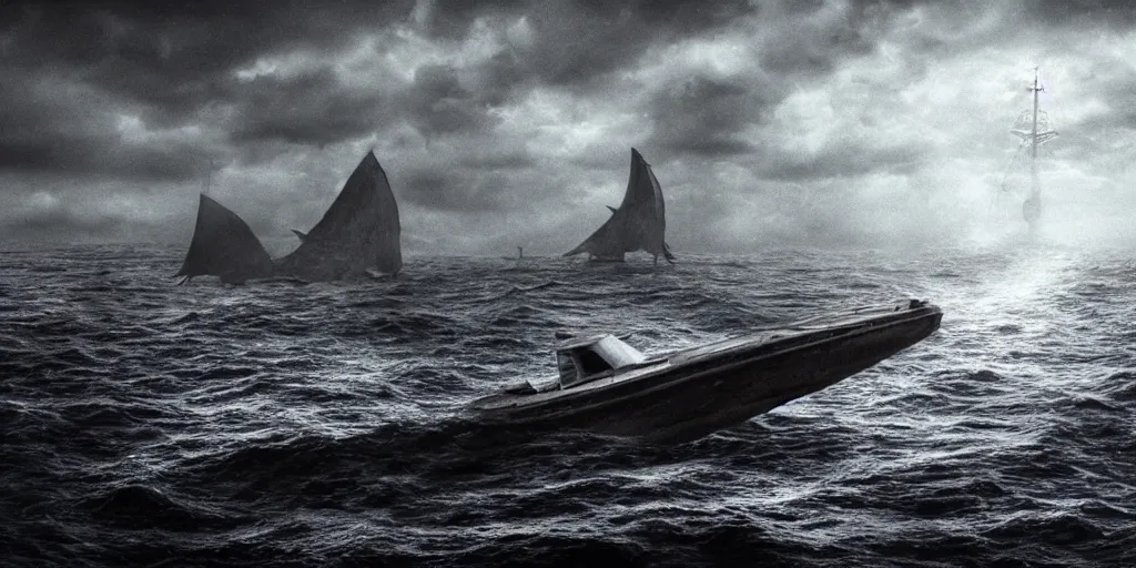 Image similar to a highly detailed realistic photographic render of a boat witnessing a lovecraftian monster creature in the sea. humanoid, creepy, cinematic lighting, cinematic scene, Volumetric lighting, Atmospheric scene, Dark, Horror, Atmospheric lighting, Global illumination, realistic, photo realism, hyper realistic, hyper realism, photo realisitc, cinematic render, film, beautifully lit, ray traced, octane 3D render, octane render, unreal engine